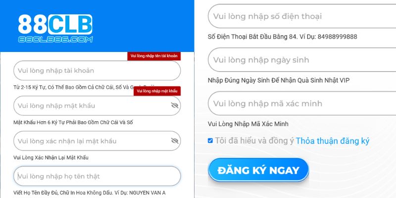 Hoàn thành form đăng ký 88clb chuẩn để nhận ưu đãi đặc biệt