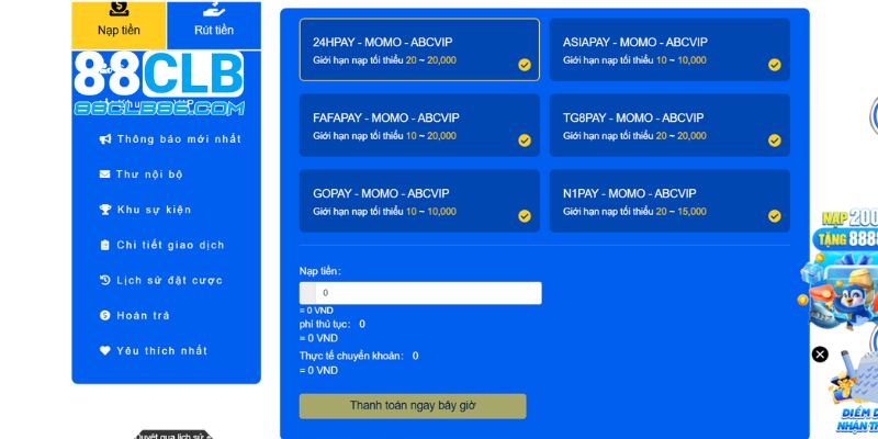Nạp tiền 88clb tiện lợi qua các ví điện tử uy tín